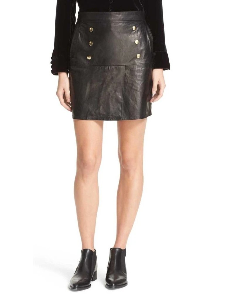 Nwt Frame Women's 29 Lambskin Leather Mini Skirt Gold Buttons Pocket Black Chic